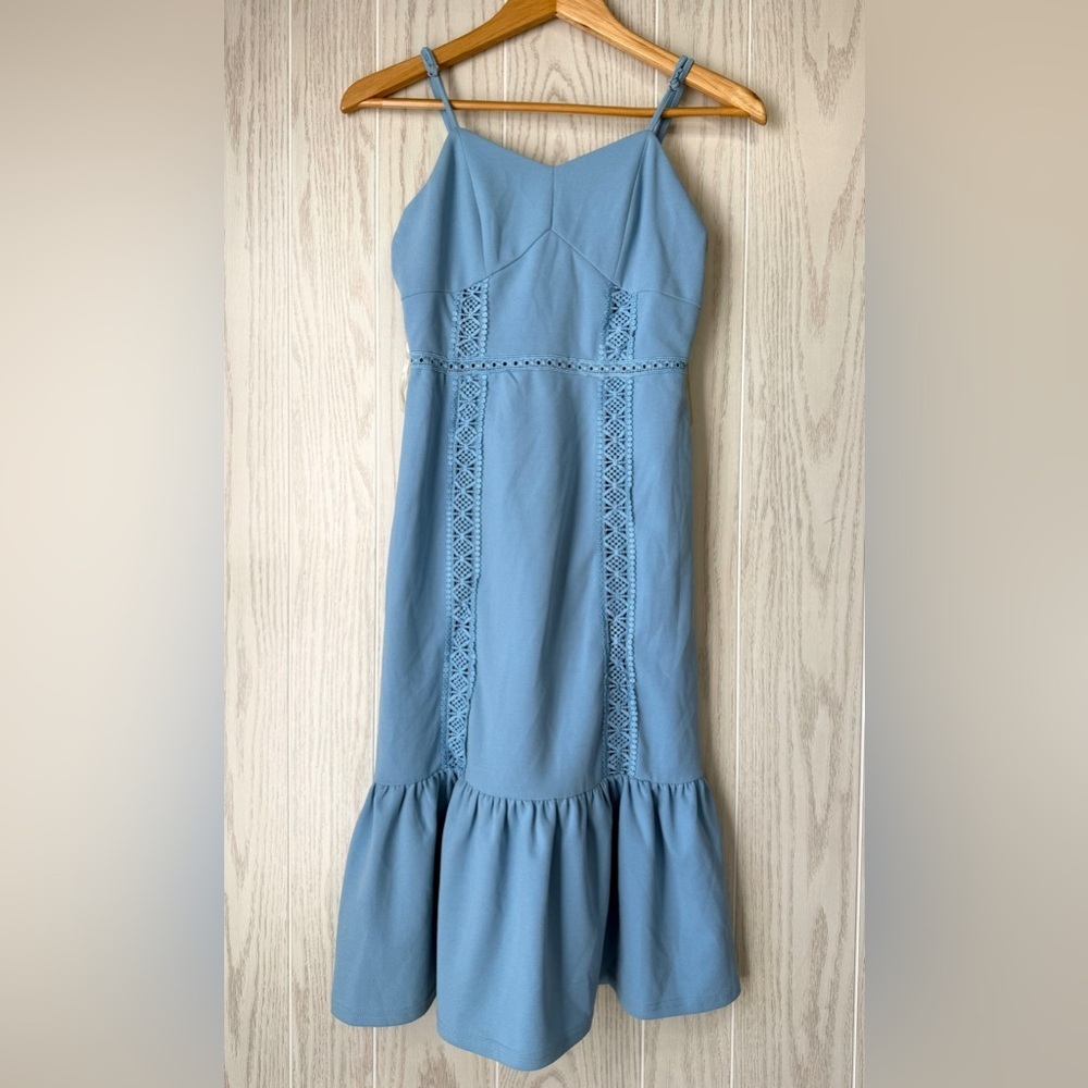 Miami Baby Blue Crochet Trim Ruffle Hem Midi Dress – NWT Size XS